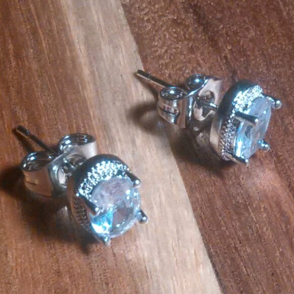 Simulated Blue and White Diamond Silvertone Brass Stud Earrings - Picture 3 of 13